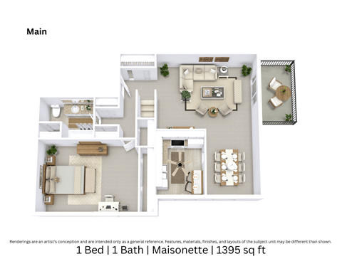 Floor plan for 1 bed, 1 bath, 1395 sqft